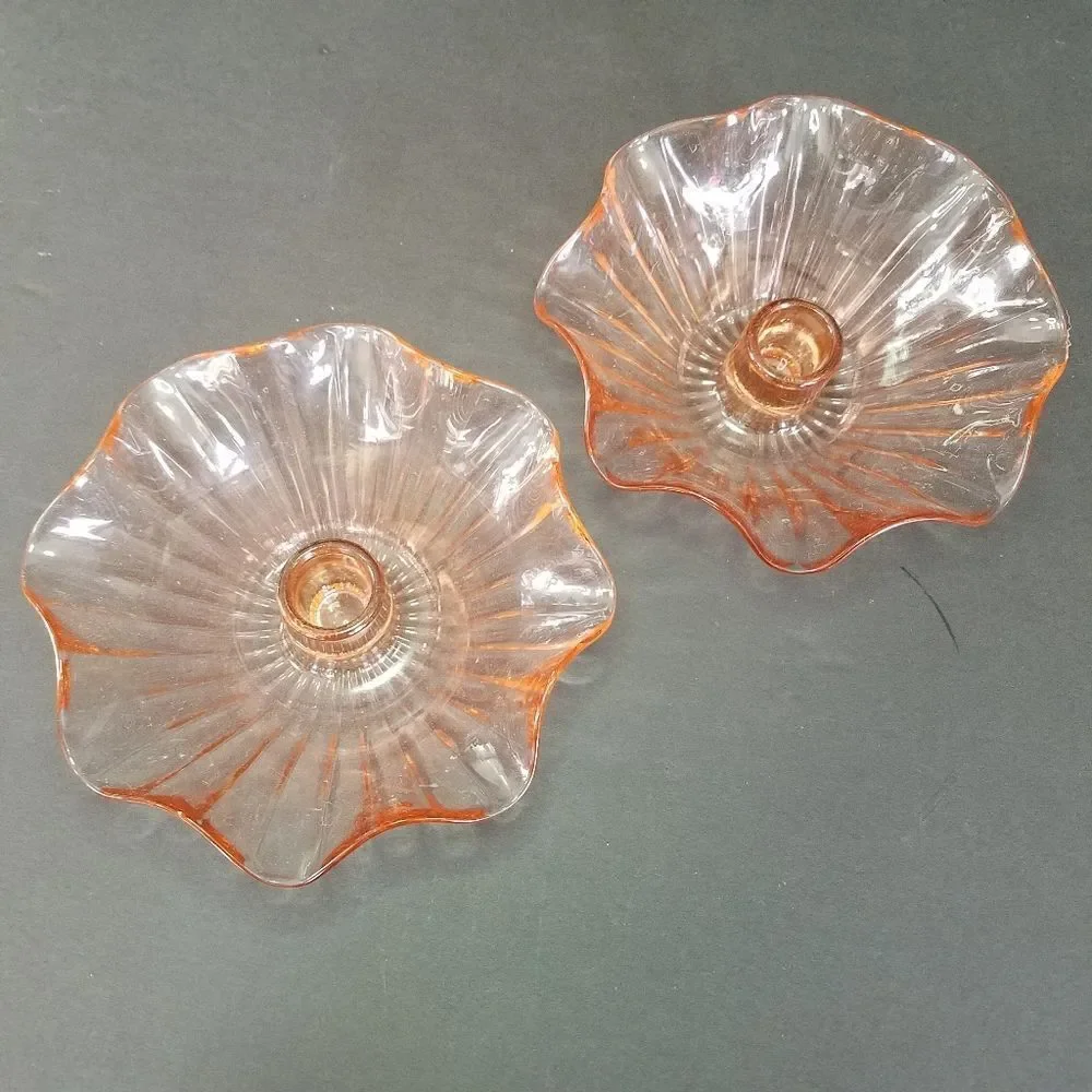 Vintage Anchor Hocking Large Pink Glass Ruffled Bowl & Matching Candle Holders